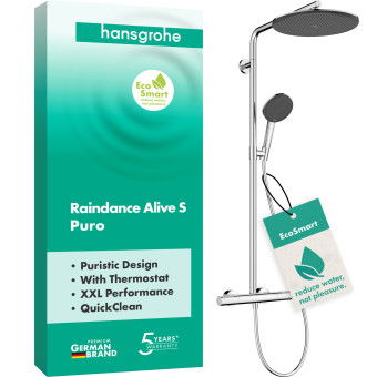 Душова система hansgrohe Raindance Alive S Puro 300 1jet 24592000, з термостатом Ecostat Element, хром - зображення